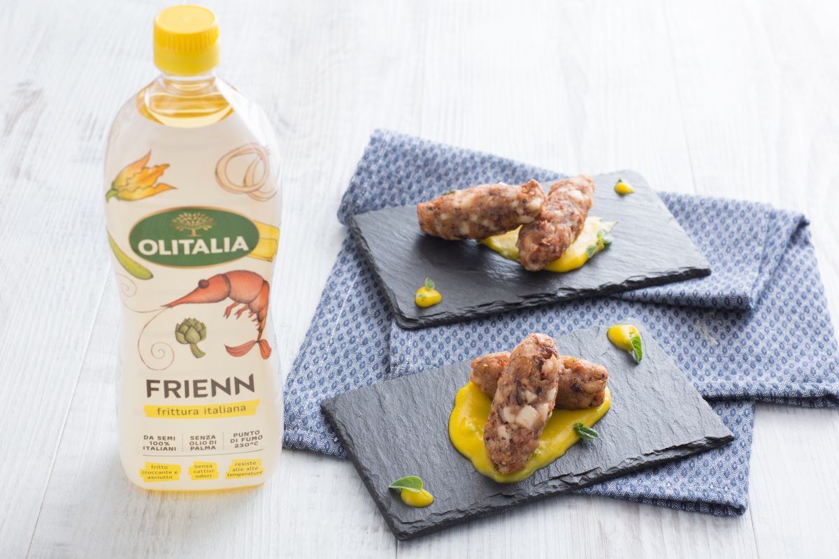 Croquetes de polvo com creme de batata ao açafrão