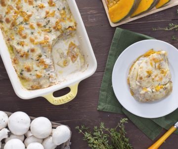 Lasanha de abóbora com creme de cogumelos e scamorza