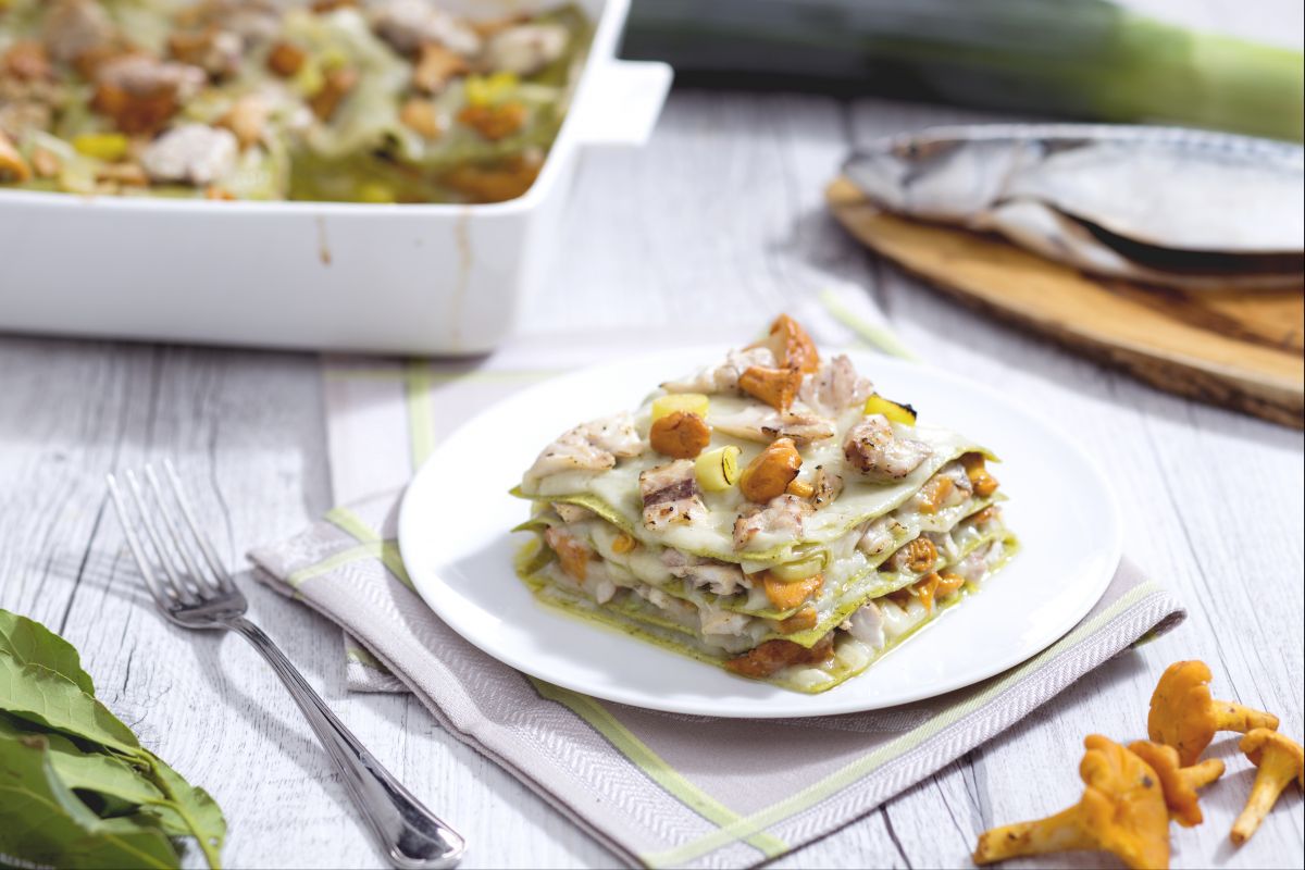Lasanha com ragu de cavala e cogumelos