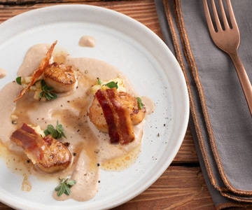 Vieiras com bacon e creme de castanhas