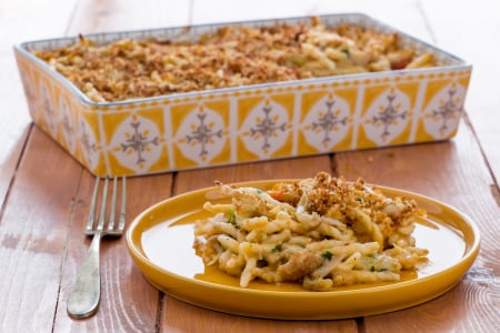 Trofie ao forno com lulas e couve-flor