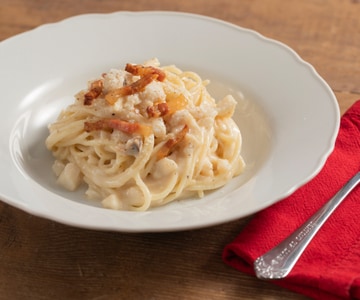 Tonnarelli alla gricia com bacalhau