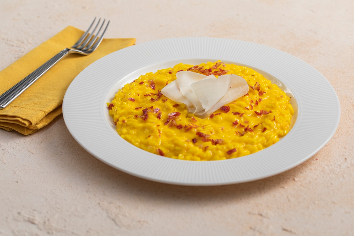 Risoto de açafrão com taleggio e pancetta