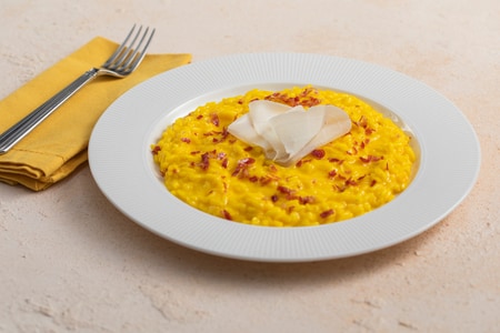 Risoto de açafrão com taleggio e pancetta