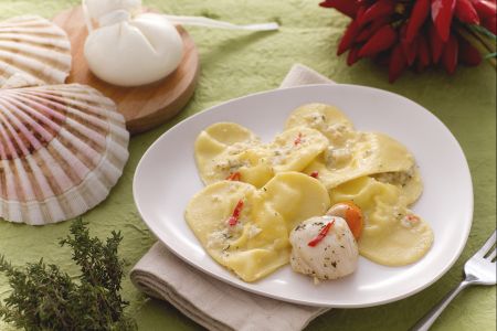 Corações de burrata com creme de vieiras