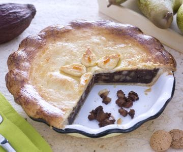 Pie de peras, amaretto e chocolate