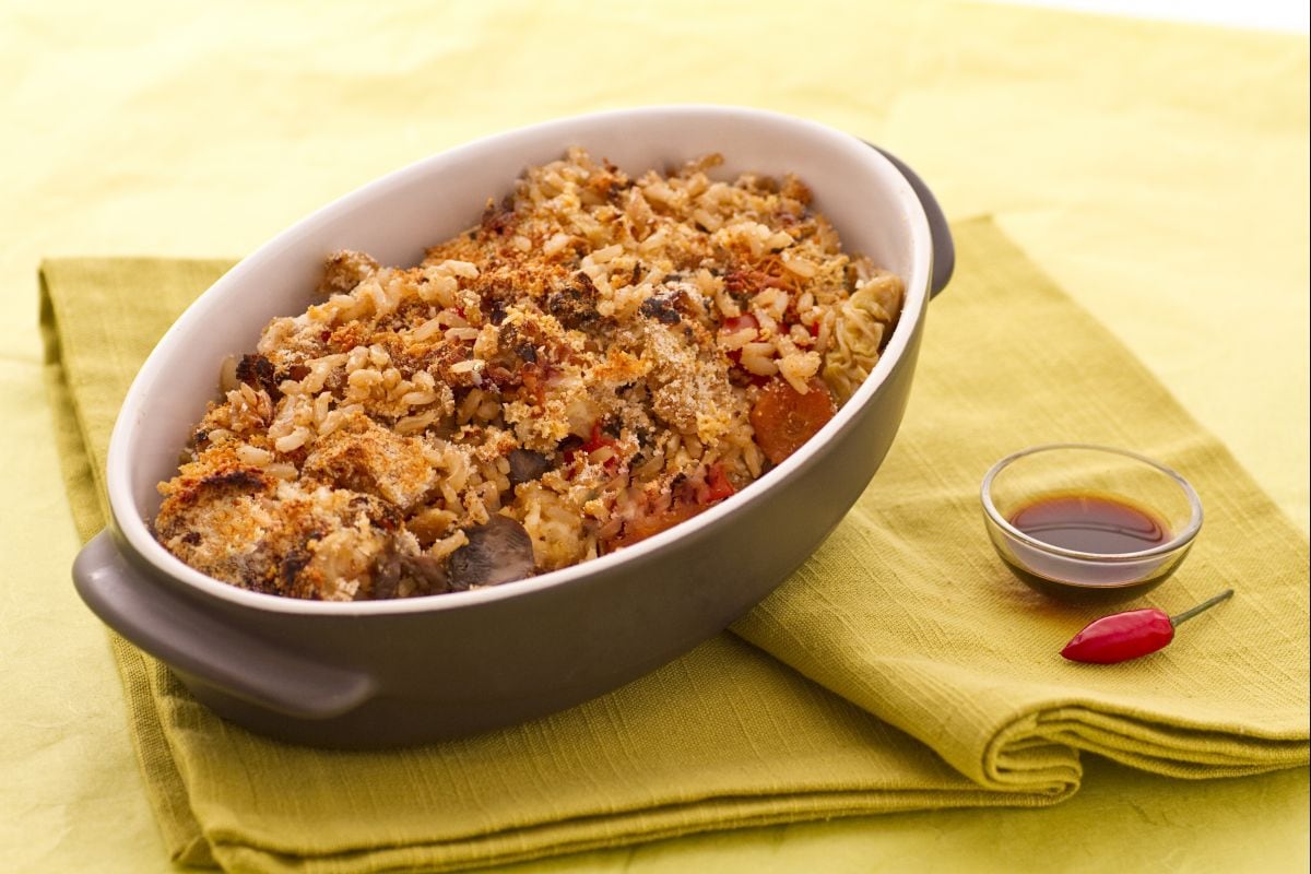 Arroz gratinado com legumes