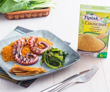 Tentáculos de polvo com cuscuz à páprica