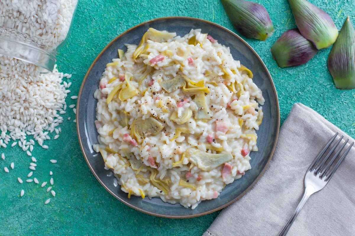 Risoto de alcachofras com bacon crocante