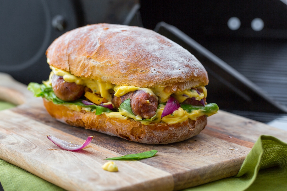 Verzini no churrasco com pimentões e cebolas