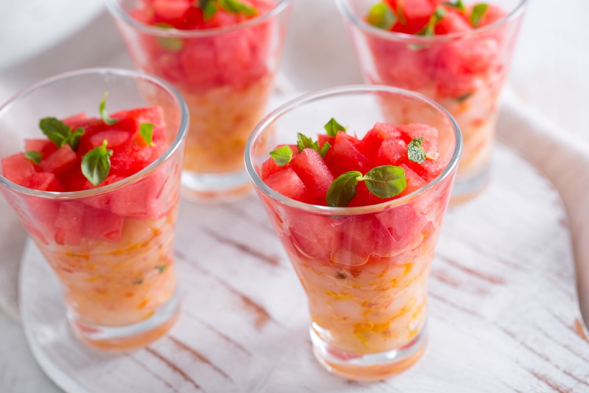 Tartar de camarão e melancia