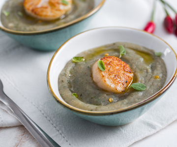 Vieiras sobre creme de alcachofras e ervas aromáticas