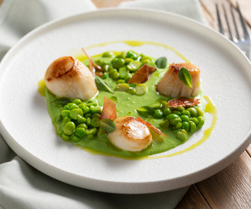 Vieiras grelhadas com creme de ervilhas