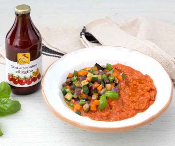 Pappa al pomodoro com primavera de legumes