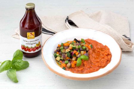 Pappa al pomodoro com primavera de legumes