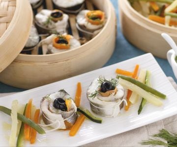 Robalo no vapor com legumes