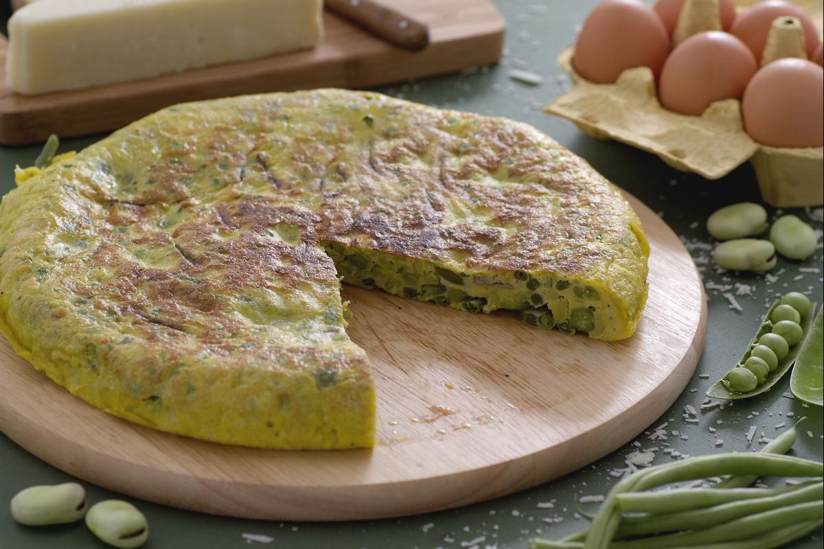 Frittata de ervilha, favas e vagem