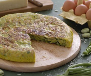 Frittata de ervilha, favas e vagem