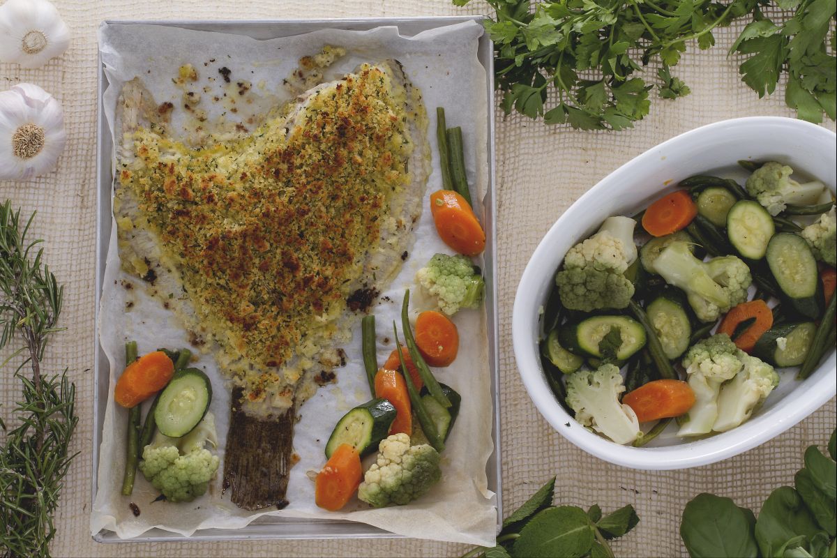 Pregado gratinado com legumes