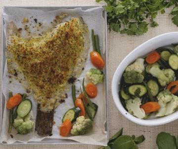 Pregado gratinado com legumes